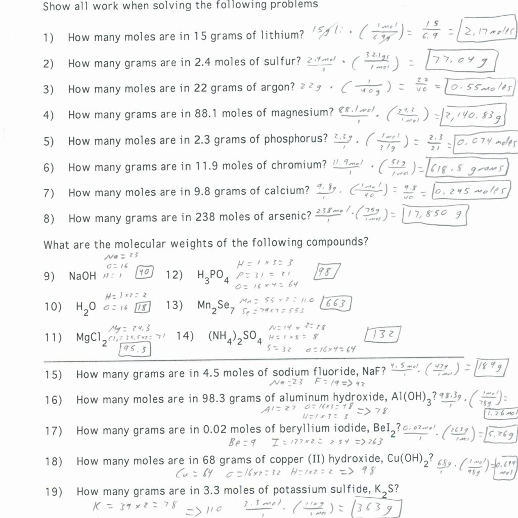 Mole Calculation Worksheet Welcome To My