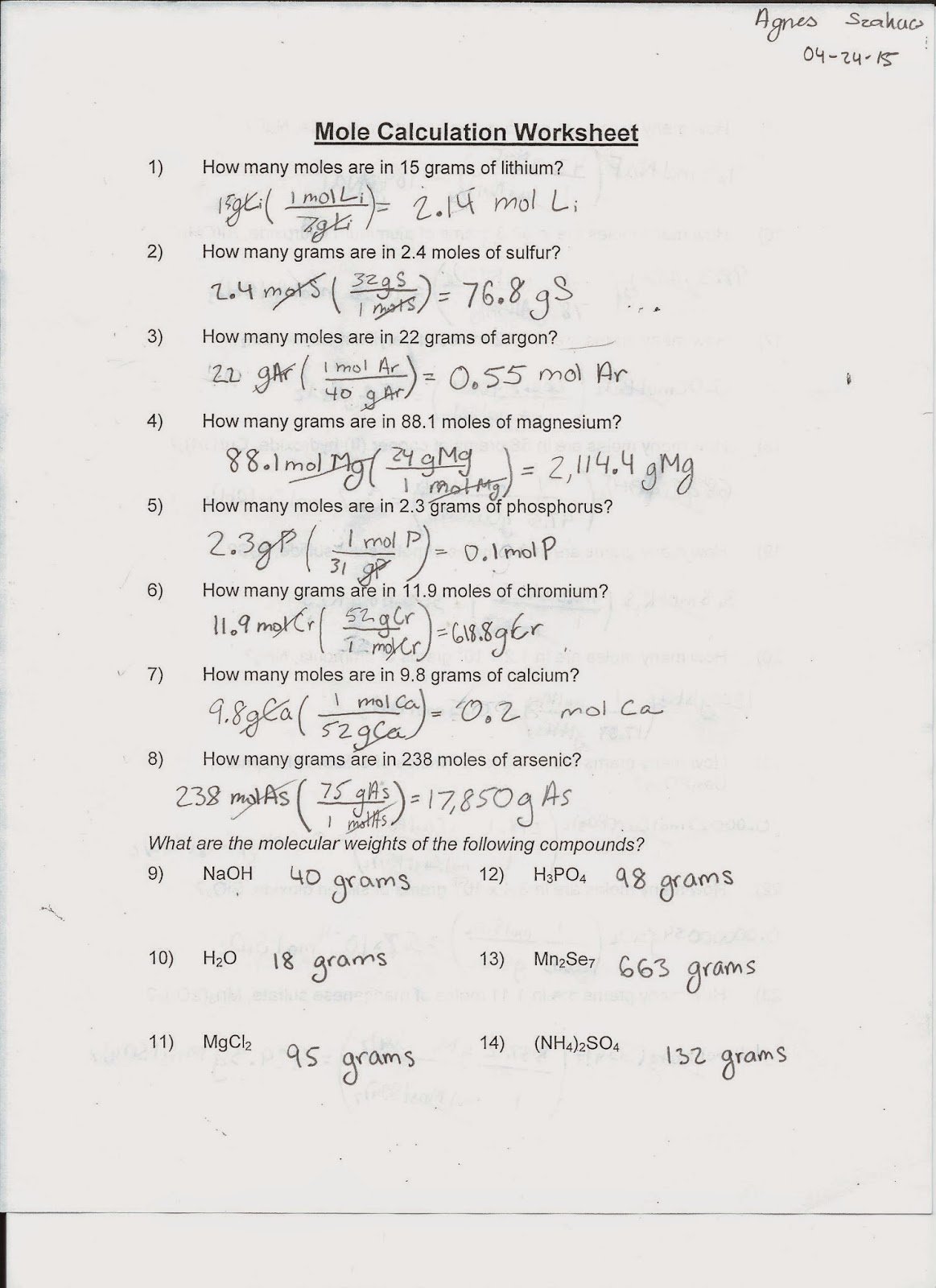 Mole Calculations Worksheet Chemfiesta