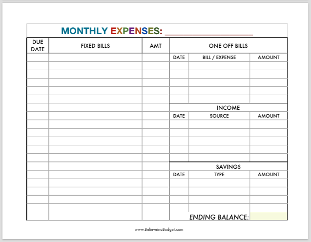 Monthly Budget Worksheet Printable