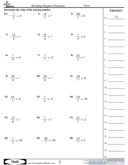 Negative Number Worksheets