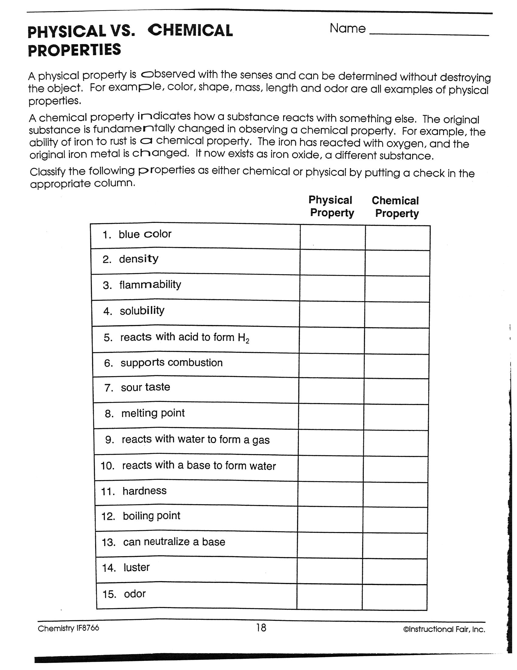 Physical And Chemical Change Worksheet 5th Grade