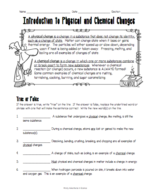 Physical Vs Chemical Changes Worksheet Introduction To Physical
