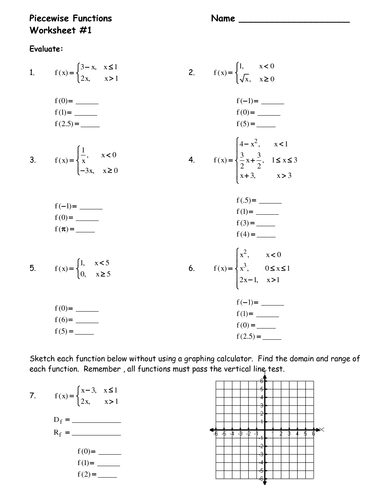 Piecewise Linear Functions Worksheet