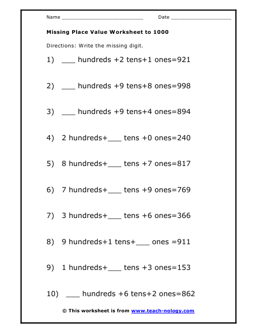 Place Value To 1000 Worksheets Free