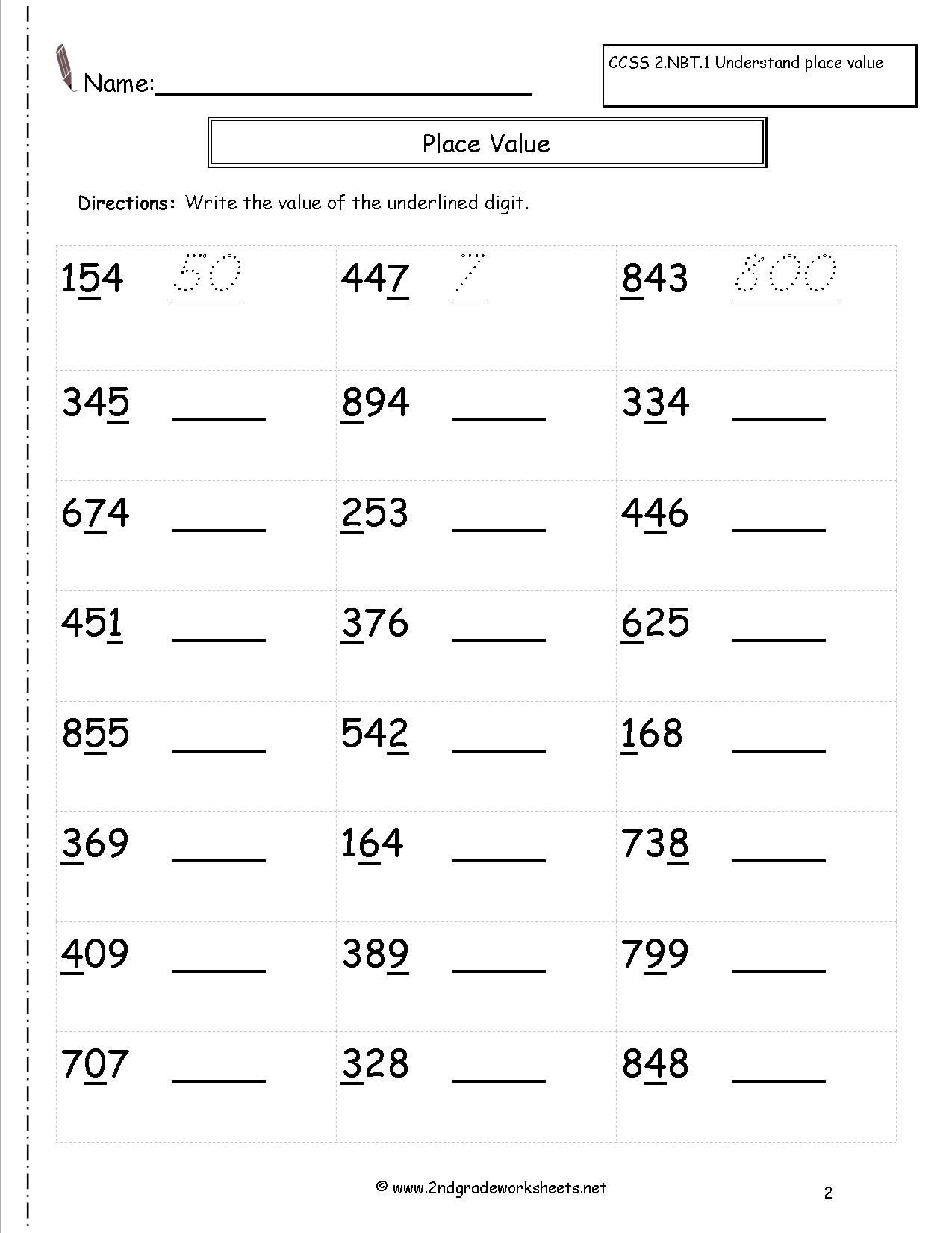 Place Value Worksheets Second Grade Worksheet Math For 2 Pdf
