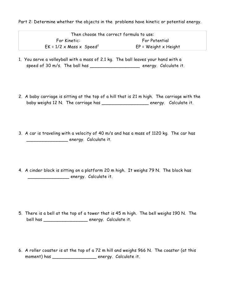 Potential And Kinetic Energy Worksheets Answers