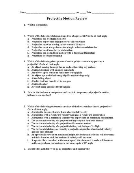 Projectile Motion Worksheet Projectile Motion Worksheet With
