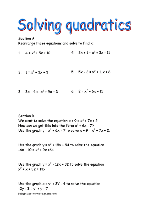 Quadratic Equation Worksheet Solving Quadratic Equation Worksheets