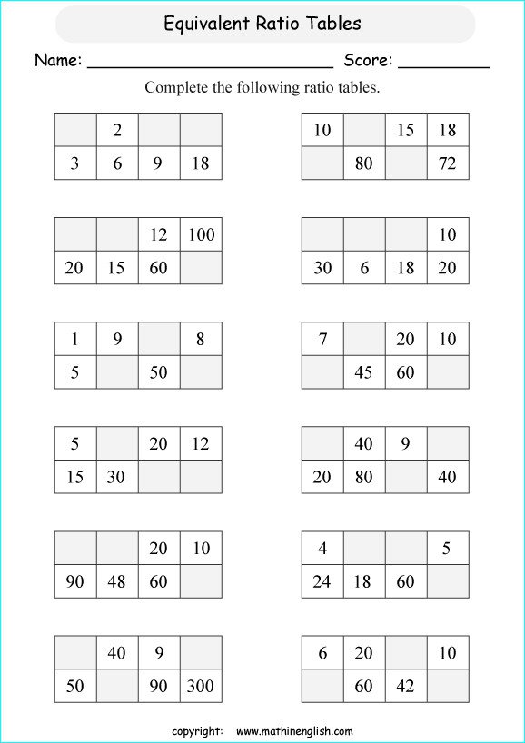 Ratio Tables Worksheets