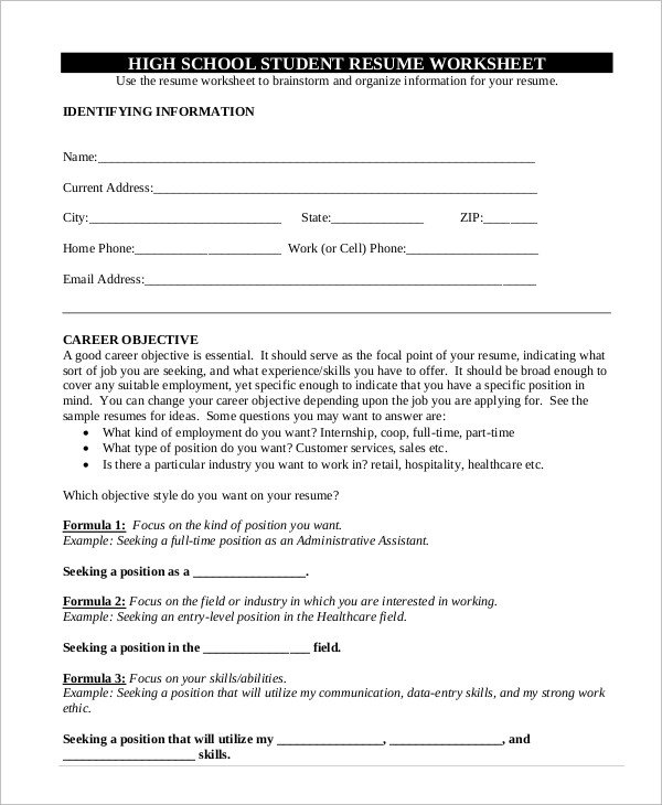 Resume Worksheet Template High School Student Resume 7 Free Word