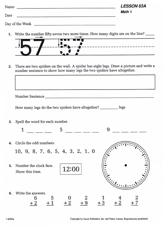Saxon Math Worksheets For 1st Grade 503805
