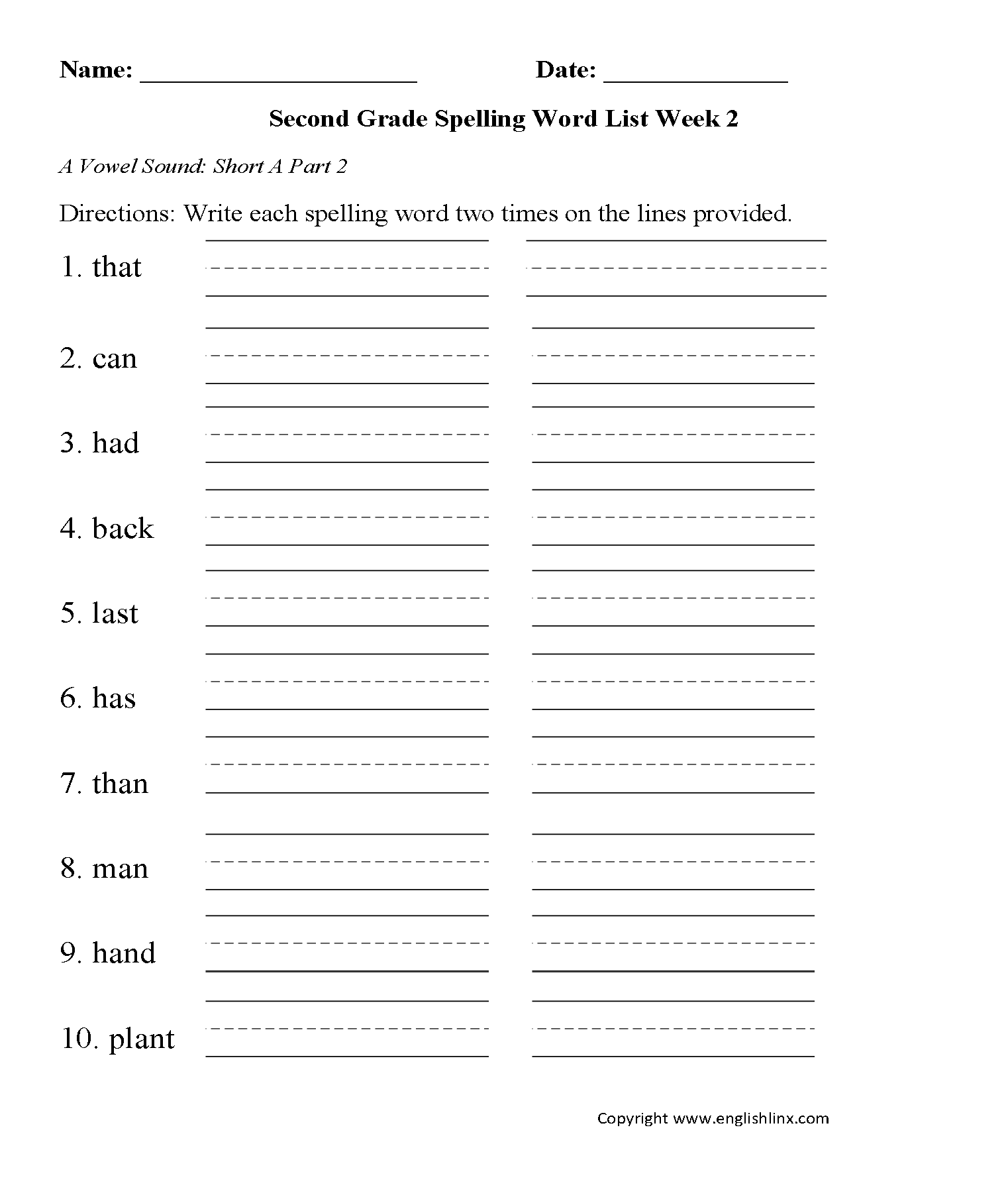 Second Grade Spelling Words Printable Worksheets The Best