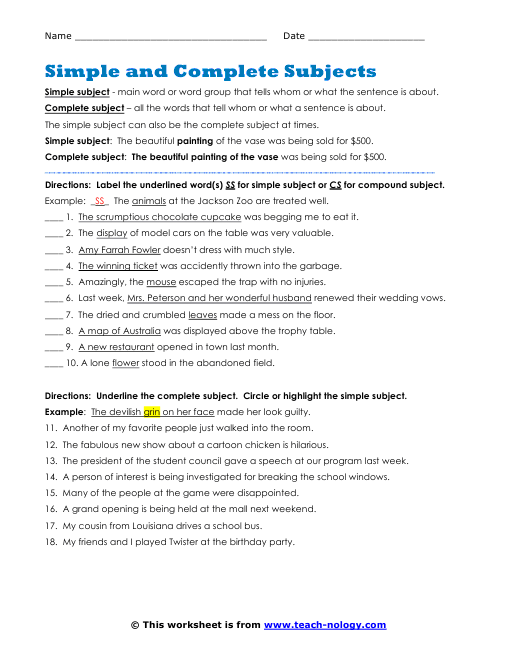 Simple And Complete Predicate Worksheet The Best Worksheets Image