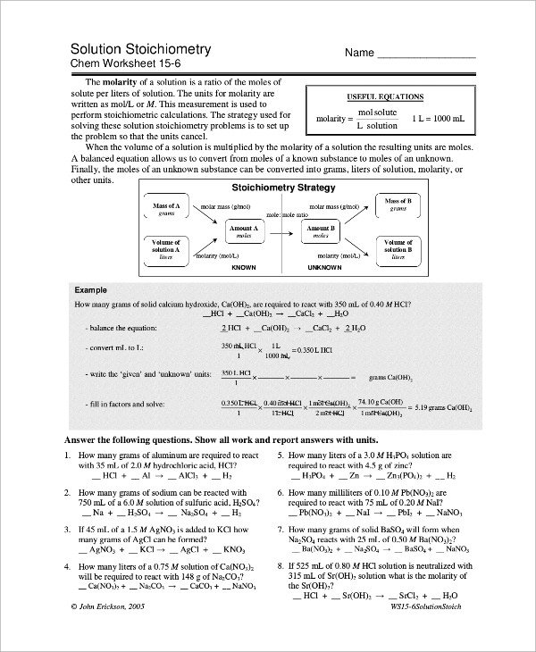Solution Stoichiometry Worksheet