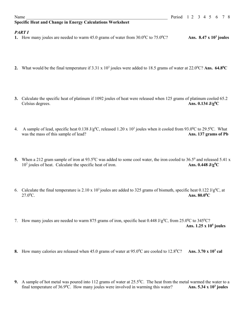 Specific Heat Calculations Worksheet The Best Worksheets Image