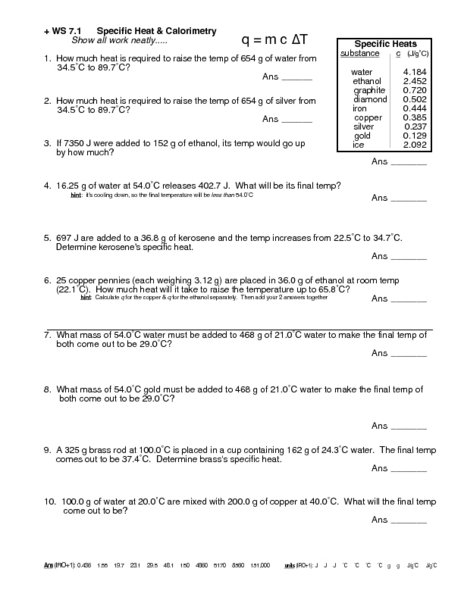 Specific Heat Worksheet Specific Heat Calculations Worksheet