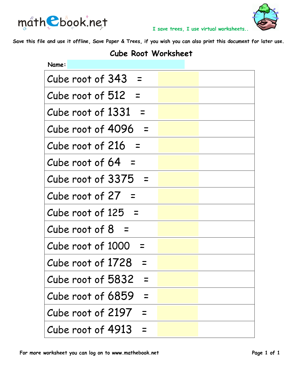 Square And Cube Root Worksheets