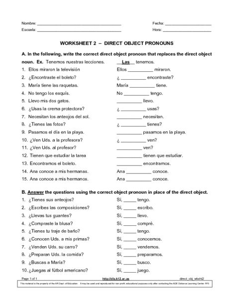 Subject Pronouns In Spanish Worksheet Answers Subject Pronouns