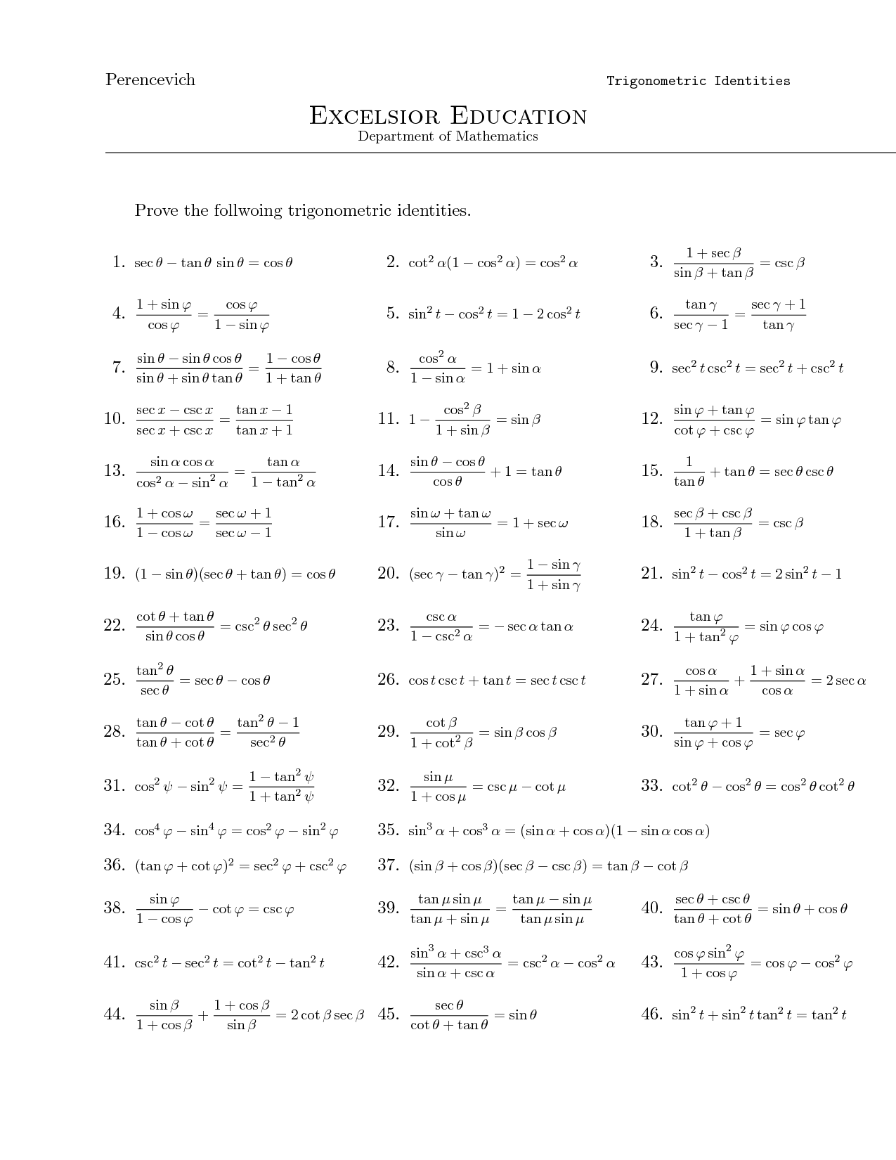 Trig Identities Worksheet Expandingme Co Trigonometric
