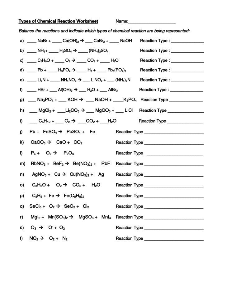 Types Of Chemical Reactions Worksheet Answers Identifying Types Of