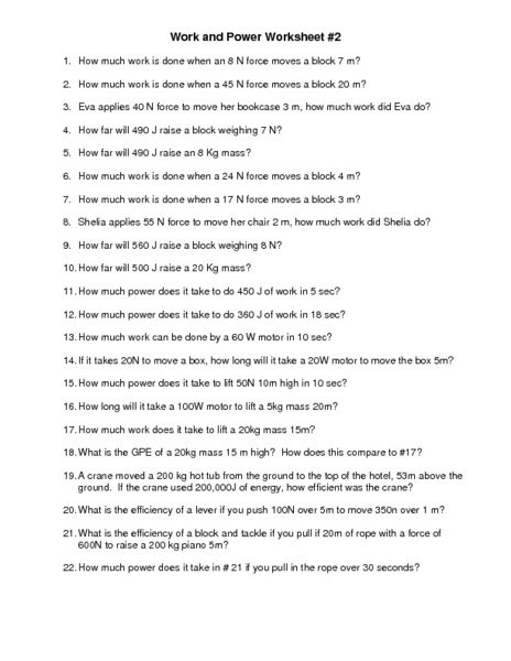 Work And Power Worksheet Expandingme Co