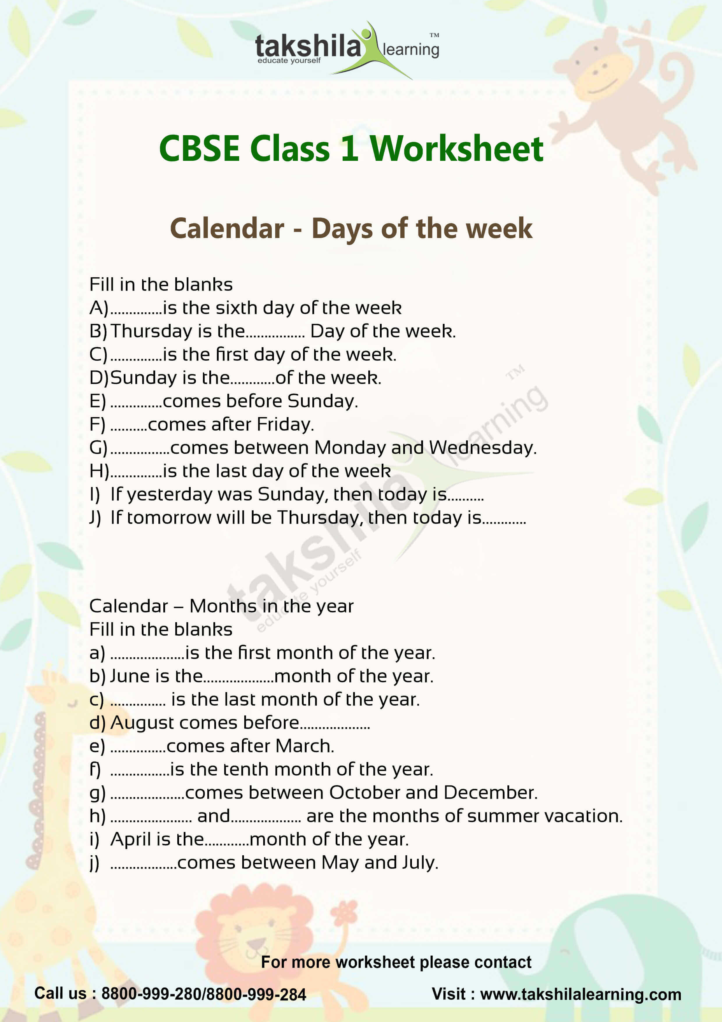 Worksheets For Class 1