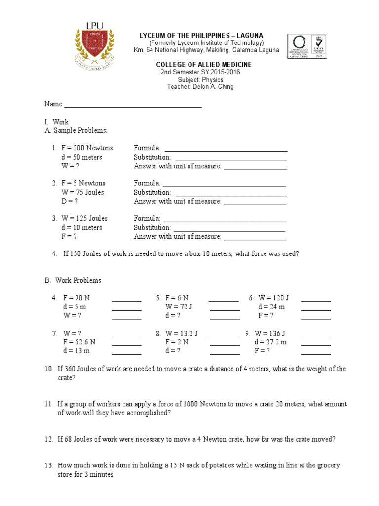 Worksheet Work And Power 243647