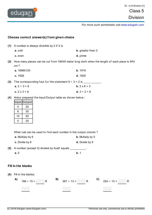 Year 5 Math Worksheets And Problems  Division