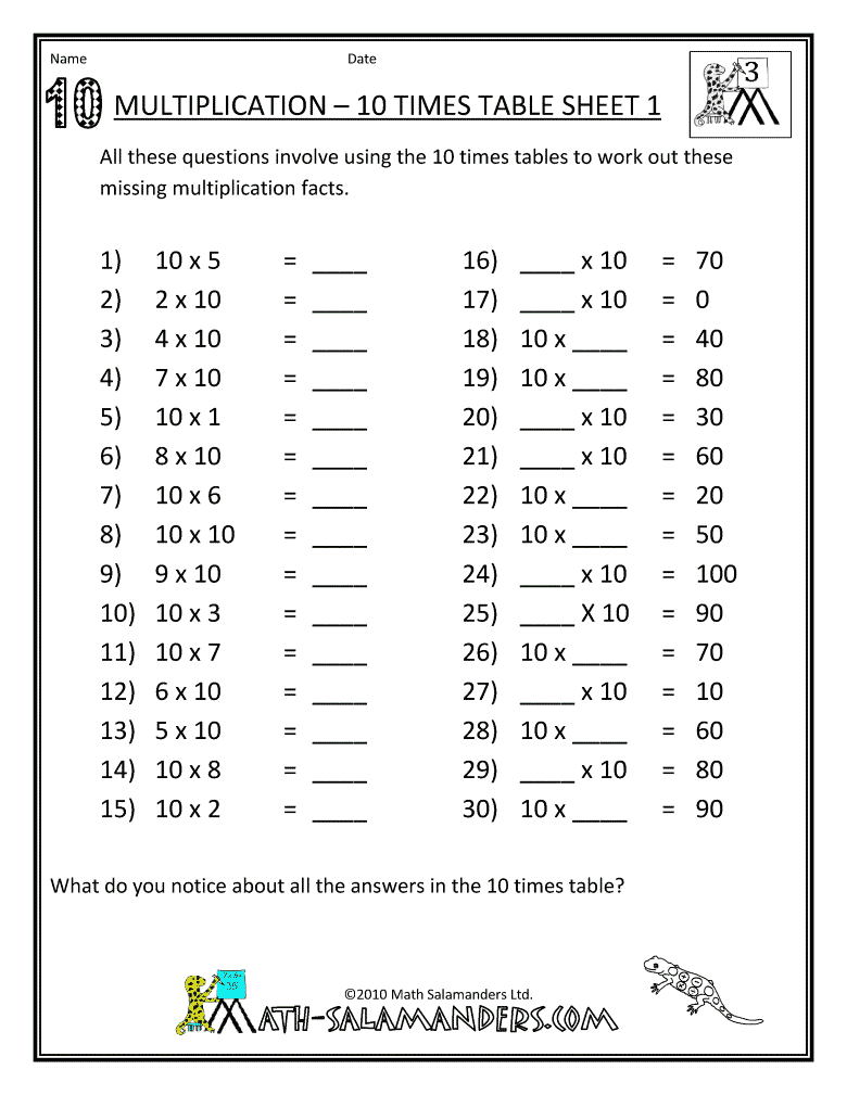 10 Times Table Worksheet Printable Worksheet 1 To 10 Times Tables