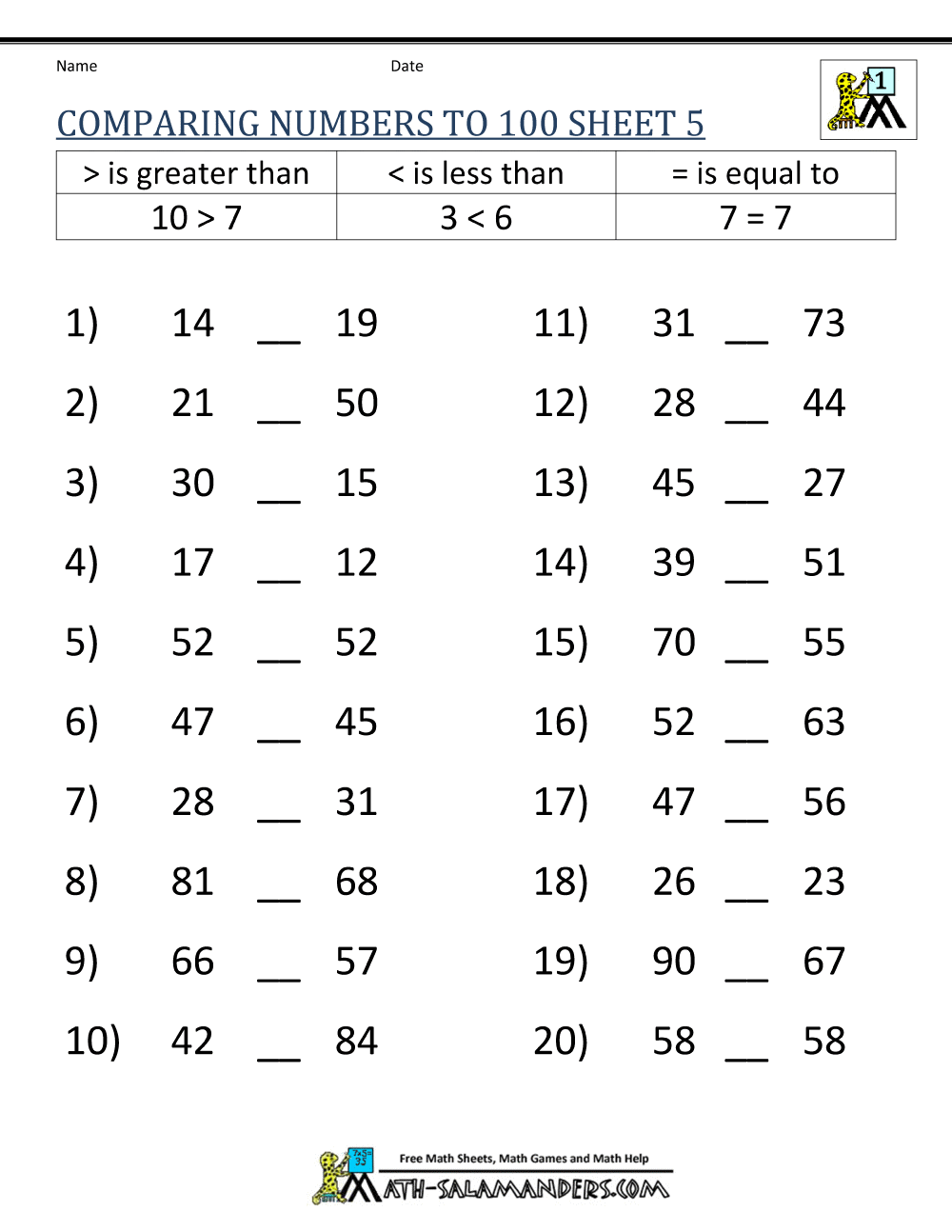 1st Grade Math Worksheets Greater Than Less Than 653914
