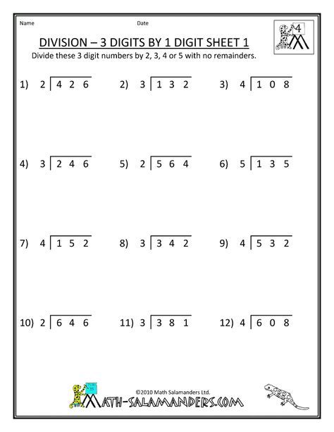 4th Grade Math Worksheets Division 3 Digits By 1 Digit 1