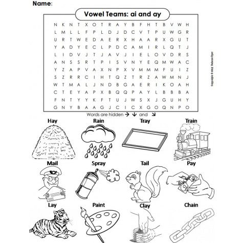 Ai Ay Vowel Team  Phonics Word Search  Coloring Sheet