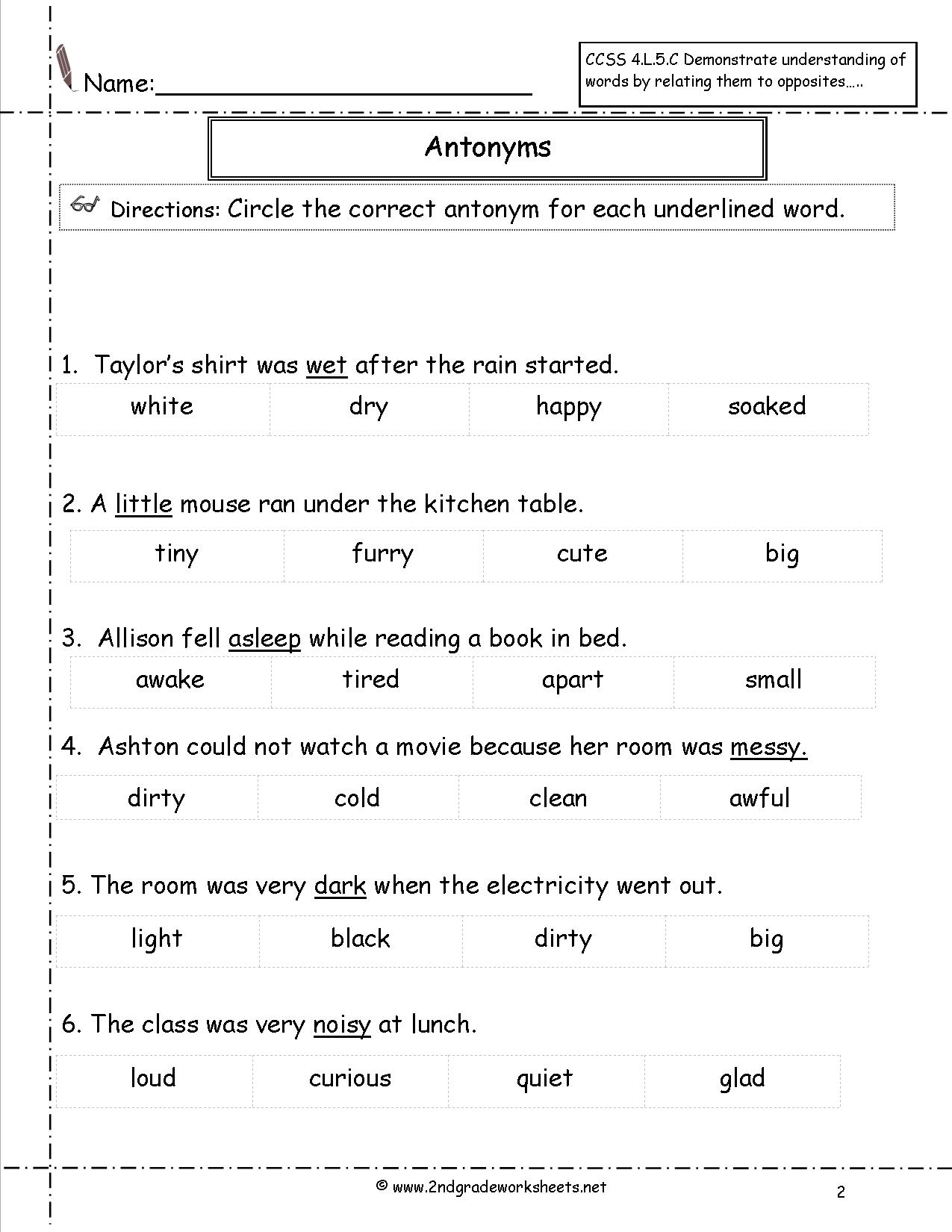 Antonym Worksheets For 1st Grade 1219011