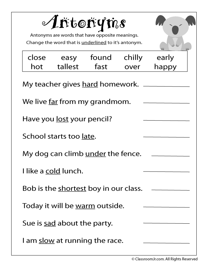 Antonym Worksheets For 1st Grade 1219023