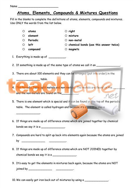Atoms Elements And Compounds Worksheets