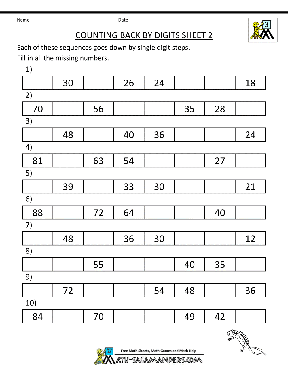 Awesome Collection Of Counting Backwards Worksheets On Template