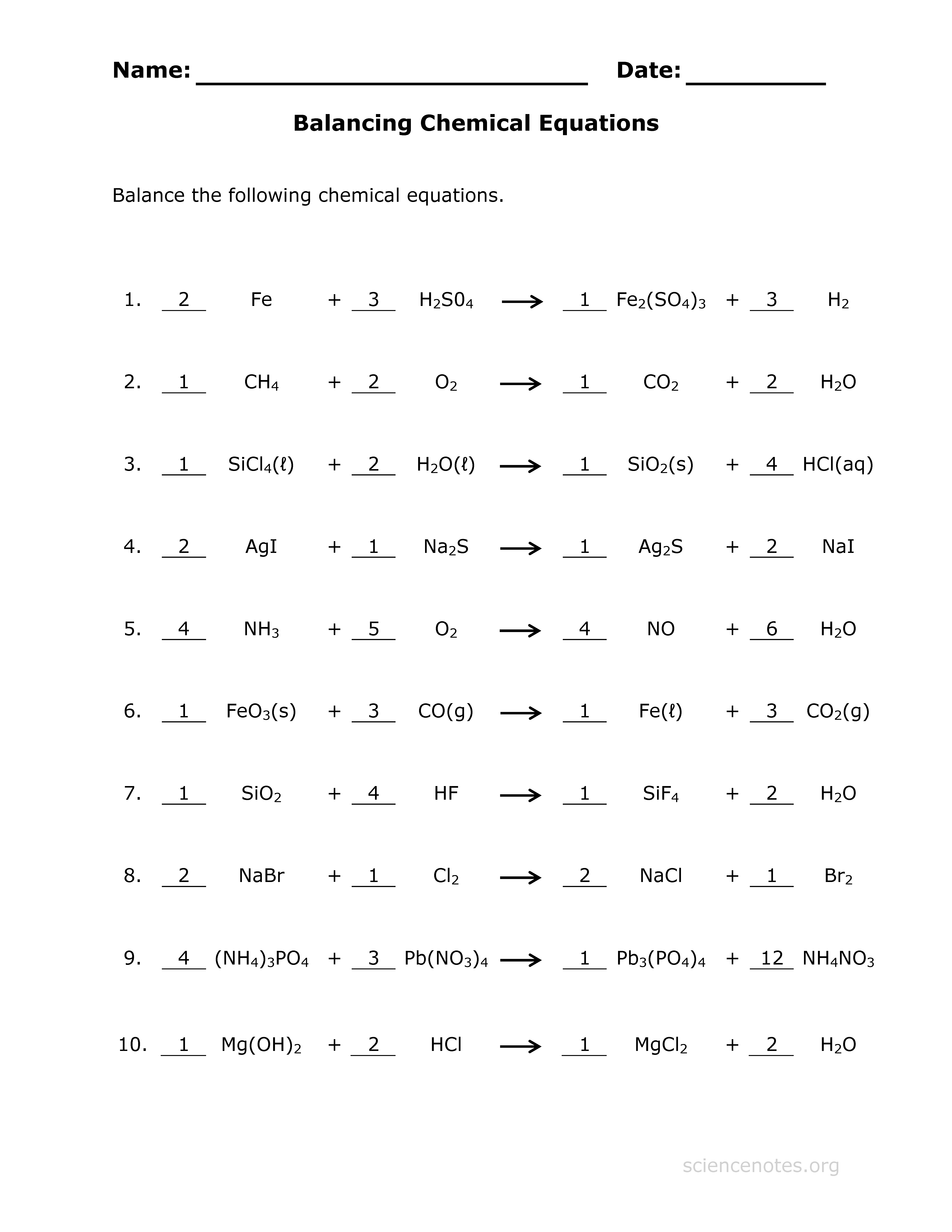 Balancing Chemical Equations Worksheet Chapter 3 993469