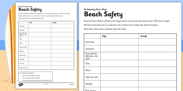 Beach Safety Worksheet   Activity Sheet