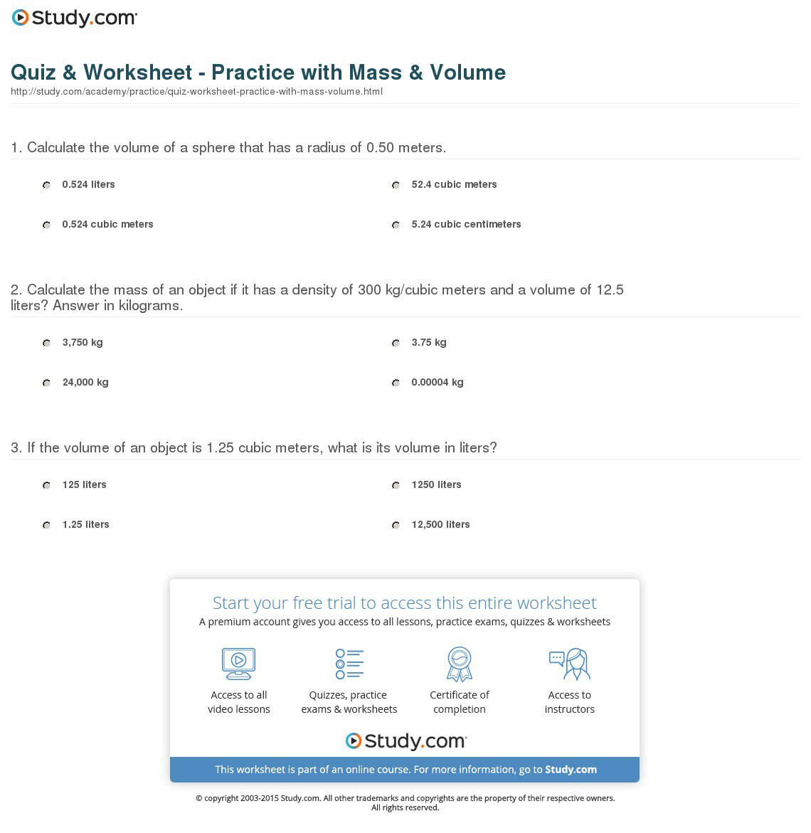 Calculate Density Worksheet Middle School 1128640