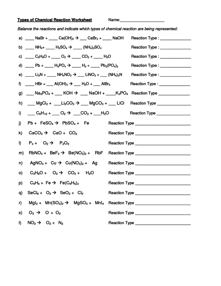 Chemical Reactions Worksheet Identifying Types Of Chemical | Free ...