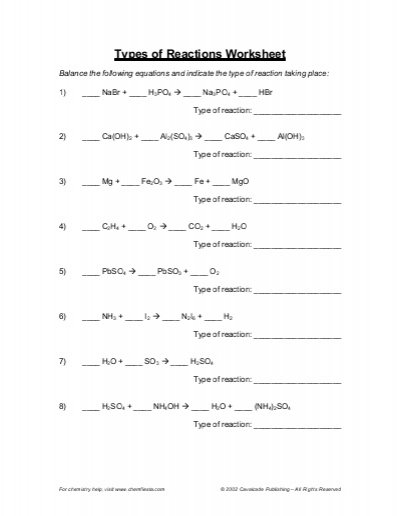 Chemical Reactions Worksheet Six Types Of Chemical Reaction