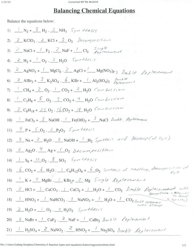 Chemistry Balancing Chemical Equations Worksheet Answer Key