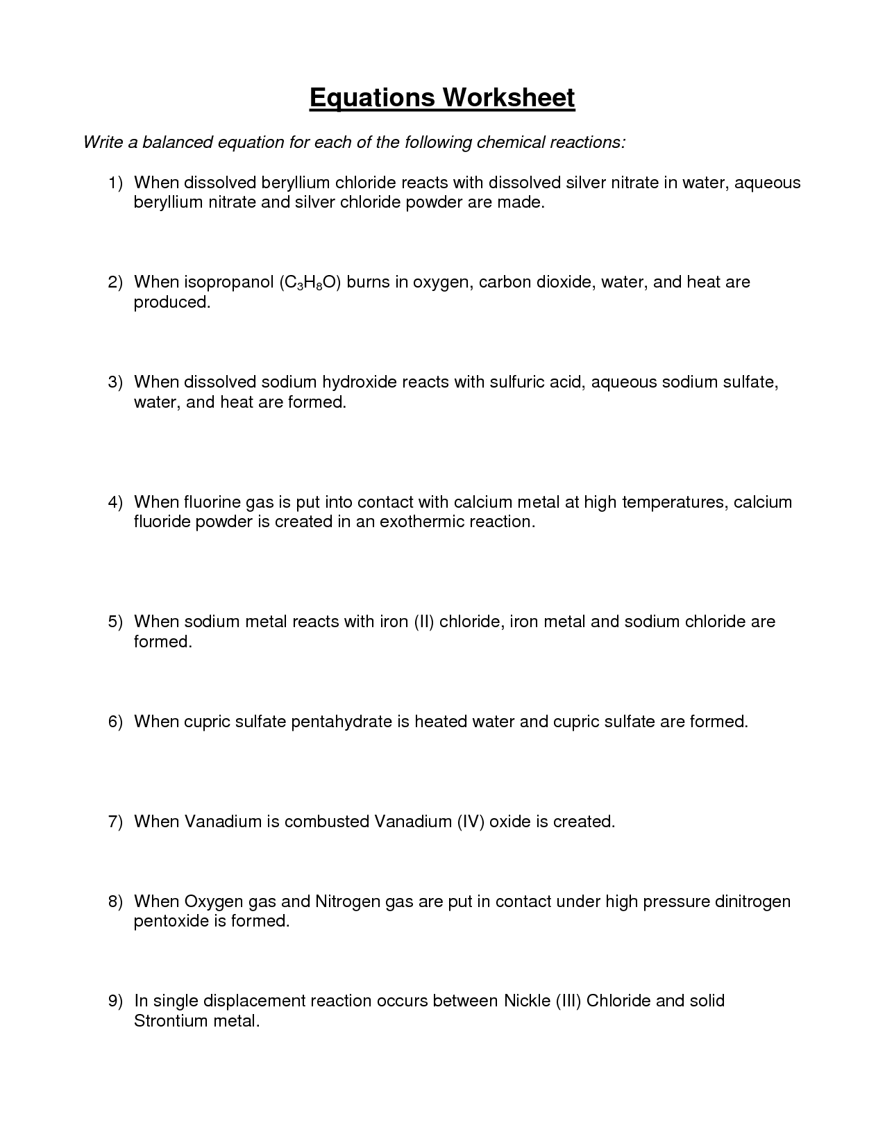 Chemistry Word Equations Worksheet The Best Worksheets Image