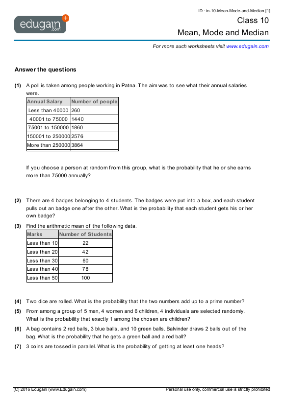 Class 10 Math Worksheets And Problems  Mean, Mode And Median