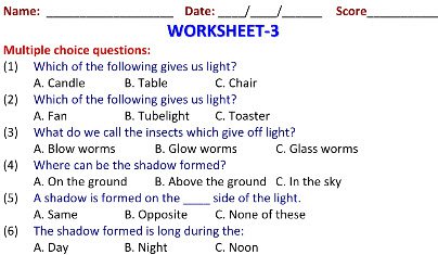 Class 2 Evs Online Worksheets Light Shadow For Students