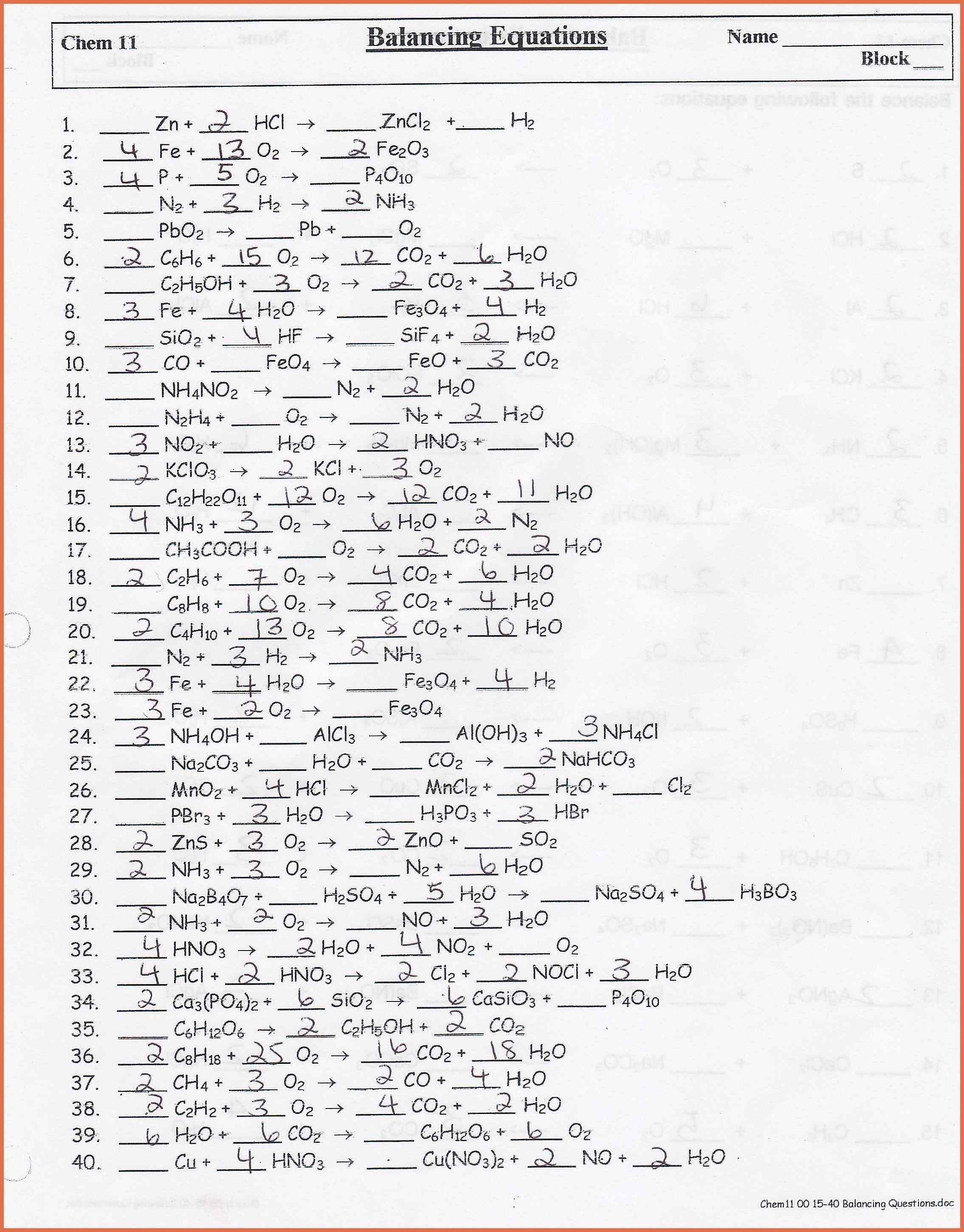 Collection Of Balancing Chemical Equations Worksheet 9th Grade