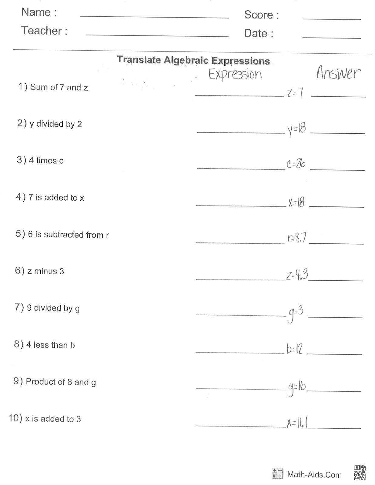 Collection Of Math Worksheets For Grade 6 Algebraic Expressions