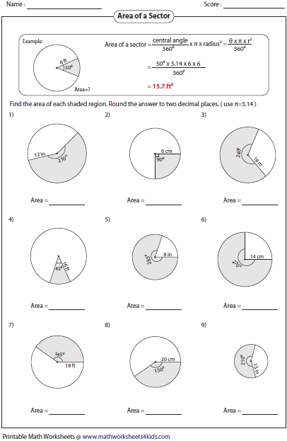 Collection Of Printable Math Worksheets Arc Length And Area Of A