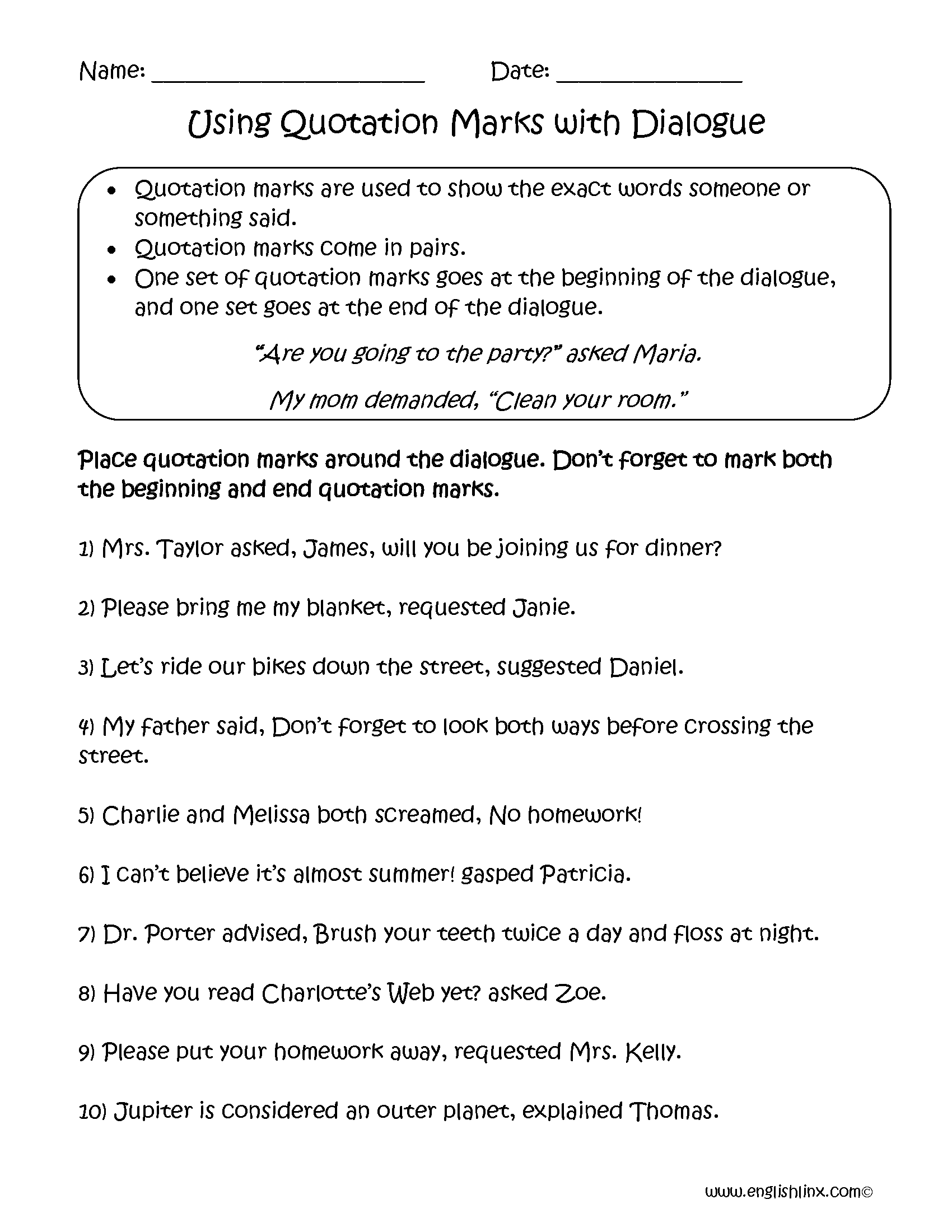 Collection Of Quotation Marks And Commas Worksheet 4th Grade