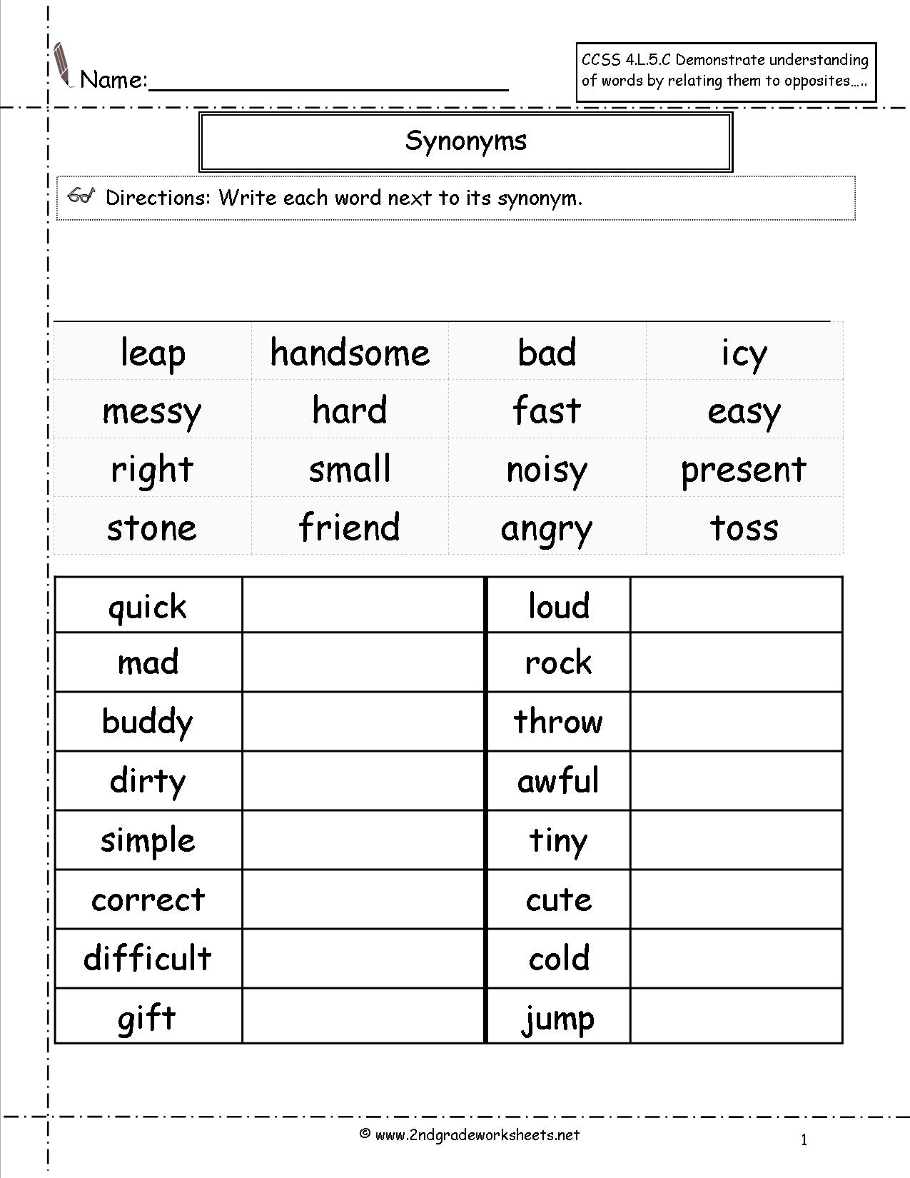 Collection Of Synonyms Worksheet 2nd Grade